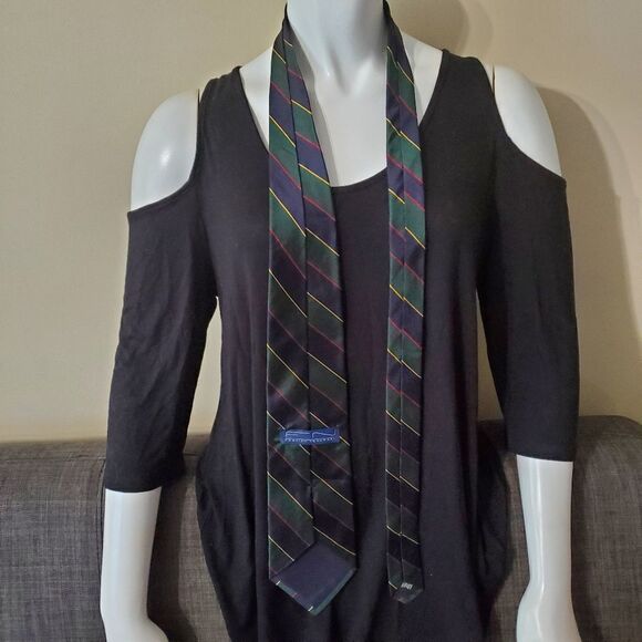 Fashion Neckwear Green, Blue, Yellow, & Red Striped Silk Tie - Picture 4 of 5